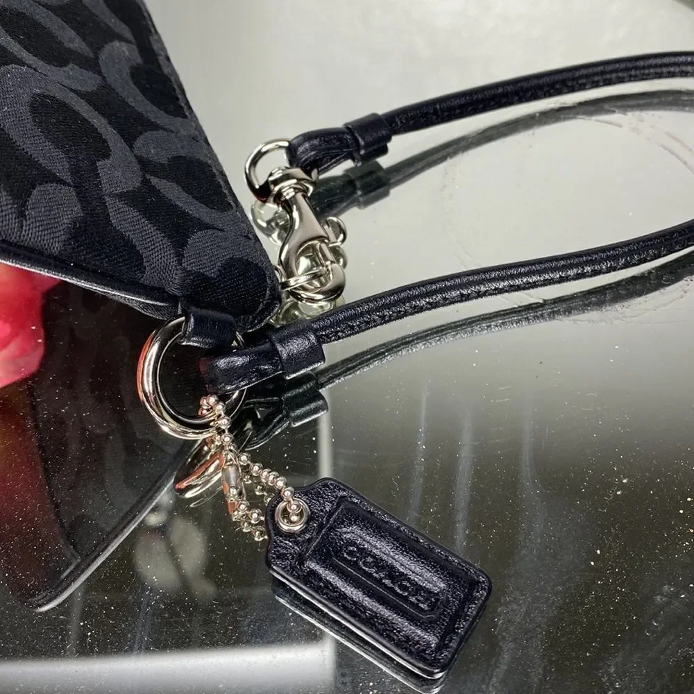 Coach Black Signature Logo Leather Zipper Wristlet